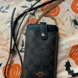 Coach Black and Brown Phone Crossbody with Gold Chain